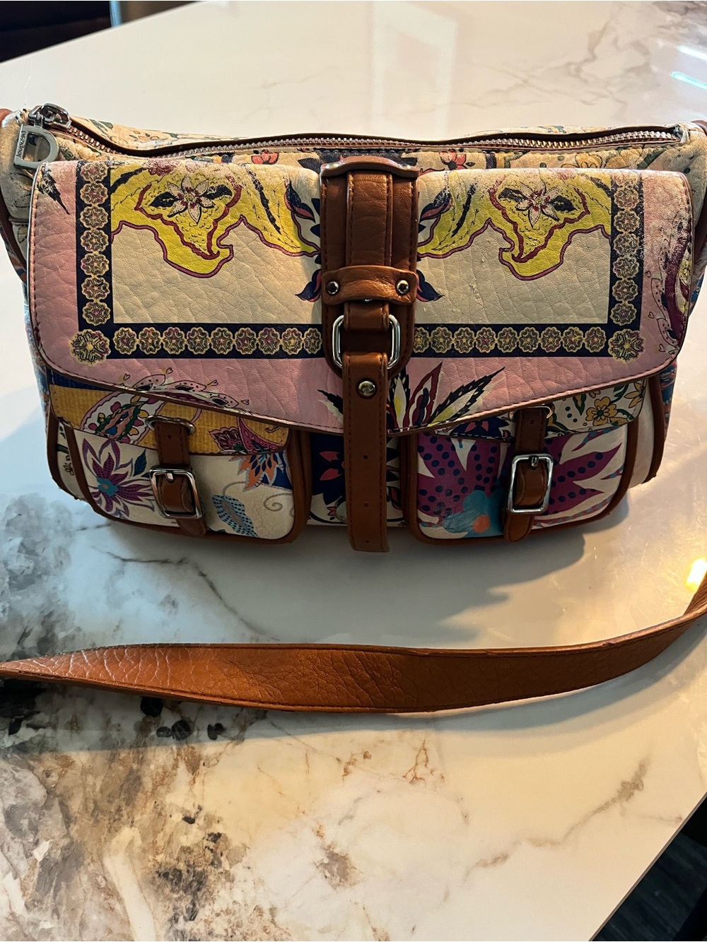 Desigual Pink Cream Floral Crossbody with Brown Trim